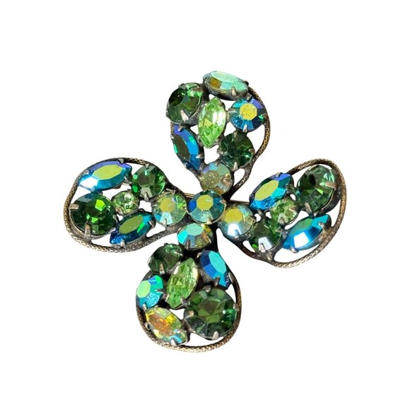 Vintage Regency Designer Signed Rhinestone Clover Brooch Green & Blue 2" Pin - Picture 2 of 6